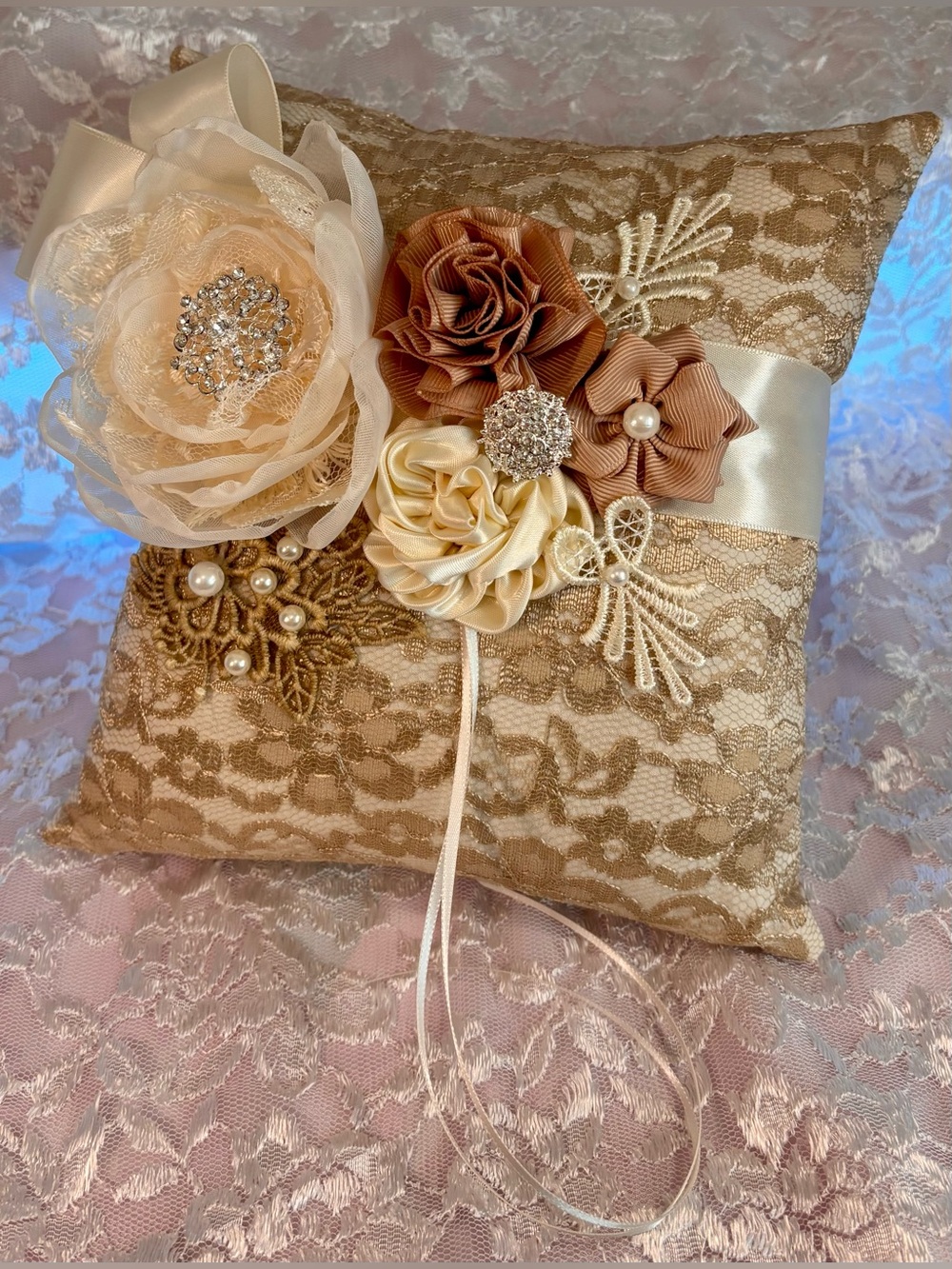 🥂 Handmade Champagne and Ivory Ring Pillow and Flower Basket Set - Picture 5 of 15